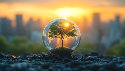 A Tree Inside a Transparent Sphere Overlooking a Cityscape at Sunset, Symbolizing Nature and Urban Coexistence, Serenity Amidst Modern Life
