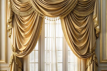 Vintage Golden Curtains Draped Elegantly Over Window - White Background Stock Photo