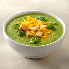 Creamy broccoli soup topped with shredded cheese and croutons.