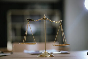 Lawyer's Hammer, Law Hammer, a symbol of justice and power. Legal documents, contracts and books surround him, representing court decisions, agreements and corporate laws in the business world.