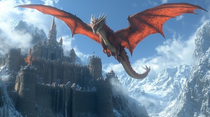 Majestic dragon soaring above a snowy mountain castle, protecting the fortress from harsh winter storms.