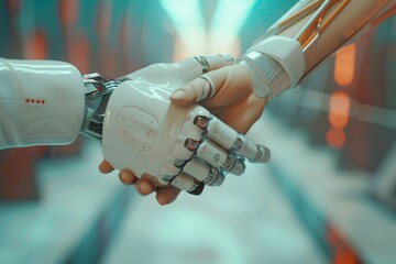 Futuristic robot handshake in high-tech environment