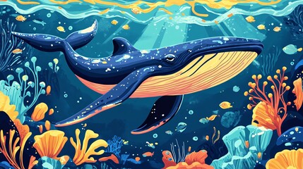 Obraz premium Marine Life Flat Vector Illustration: Whale and Sealife Creatures in Vibrant Colors for Educational and Decorative Purposes