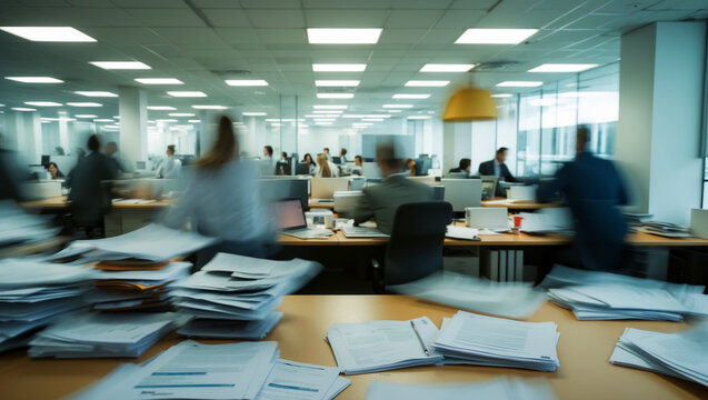 A chaotic office atmosphere with the movement of a sea of ​​blurred businessman activity and scattered documents