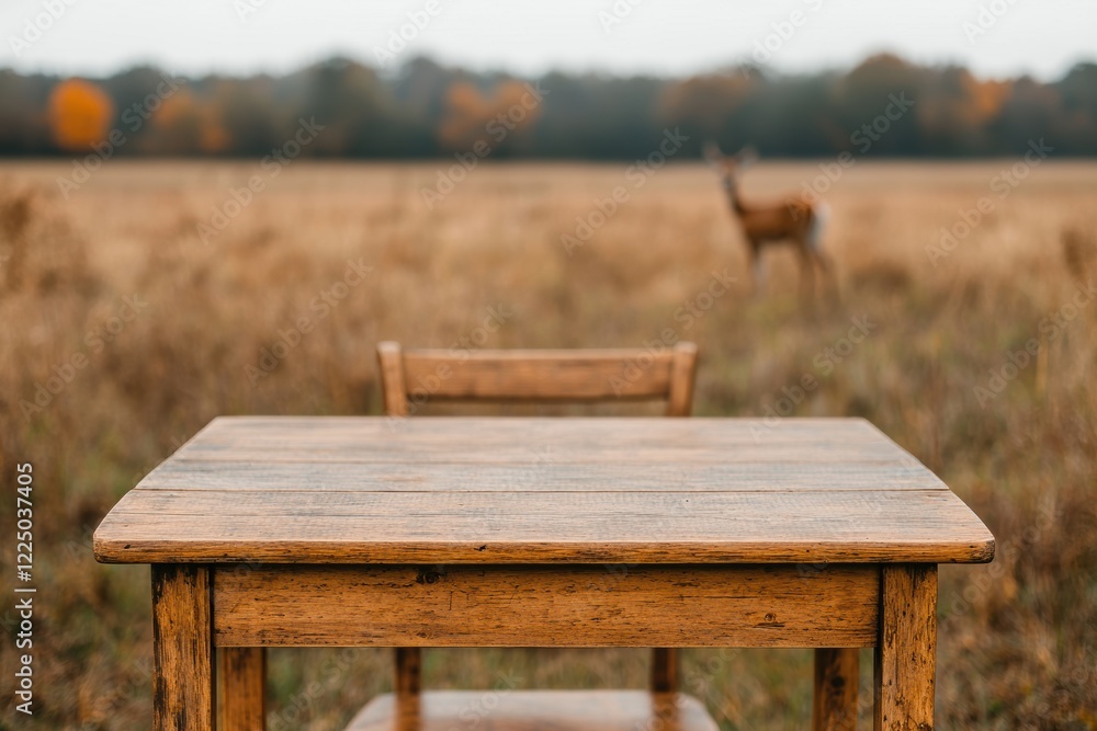 Poster empty wooden table and chair standing in open field with deer grazing in background