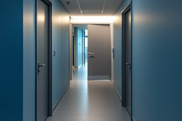 A corridor with minimal lighting has one door ajar, exposing a luminous room, and another door closed in the backdrop, symbolizing decision and chance