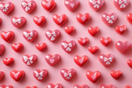 Red Heart Gift Boxes on Soft Pink Background  