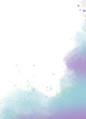 Abstract Watercolor Style illustration with Light Blue and purple Paint Stains on a White Background and golden splashes, design template for card ,wedding invitation or birthday