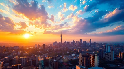 Obraz premium Sunset skyline with 5G revolution taking place across countries Bright digital networks looming over the horizon