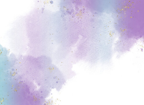 Abstract Watercolor Style illustration with Light Blue and purple Paint Stains on a White Background and golden splashes, design template for card ,wedding invitation or birthday