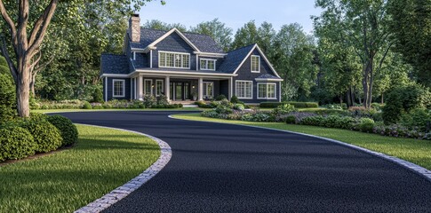 Gleaming in the sunlight, the perfectly paved asphalt driveway with a fresh dark sealcoat showcases a meticulously kept home exterior