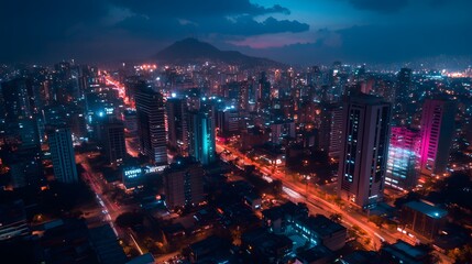 Fototapeta premium Cities with interconnected 5G towers, vibrant digital displays and next-gen communications technologies are lighting up Latin America.