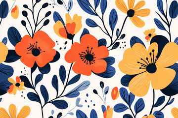Vibrant floral pattern featuring orange and yellow flowers amidst blue leaves on a light background