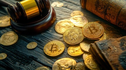 Legal Concept with Cryptocurrency Coins and Gavel on Wooden Surface