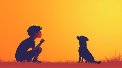 A boy and his dog sitting together during sunset, creating a heartwarming scene of companionship and peaceful moments shared between a child and his pet.