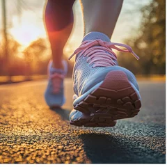 Fototapete Rund Close-up view of athletic shoes during outdoor run at sunset on asphalt road © uswatun