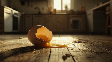 Broken egg yolk spilling on kitchen floor.