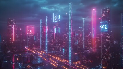 Futuristic cityscape with 5G towers connecting millions of people, neon lights symbolizing global mobile connectivity, over 6.3 billion users by 2030
