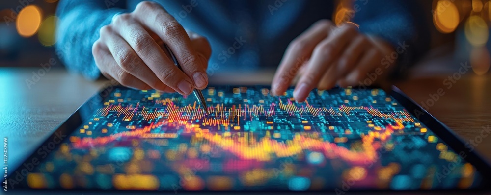 Poster person analyzing financial data on digital tablet with glowing charts and graphs