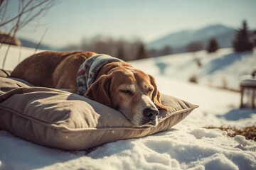 Vintage Photo: Cozy Brown Dog Napping in Snowy Winter Scene