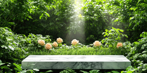 A serene, lush garden scene featuring a marble slab surrounded by blooming flowers and vibrant greenery. Sunlight filters through the trees, creating a peaceful atmosphere.