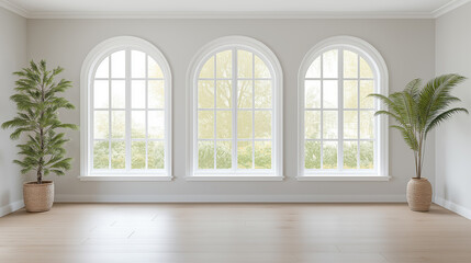 A minimalist white room with large arched windows. Sunlight streams through the windows, creating a bright and airy atmosphere.