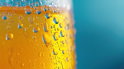 Close-up of a cold, condensation-covered beer glass.