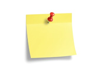 A single yellow sticky note pinned to a bright white surface using a small round red thumbtack