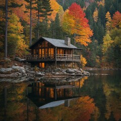 Obraz premium A peaceful, secluded cabin in a pristine forest, with large windows overlooking a clear, still lake reflecting the vibrant colors of fall foliage.