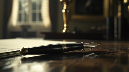 Fototapeta premium Elegant fountain pen rests on a polished wooden desk near a window.