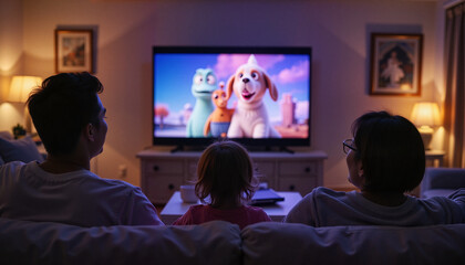 Tv Mockup With Family Watching Animated Show at Home