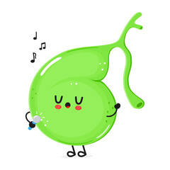 Gallbladder sings into a microphone character. Vector hand drawn cartoon kawaii character illustration icon. Isolated on white background. Gallbladder character concept