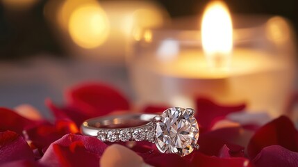 Close-up of a glittering diamond engagement ring resting on a bed of rose petals, soft candlelight in the background with a blurred romantic dinner table setting