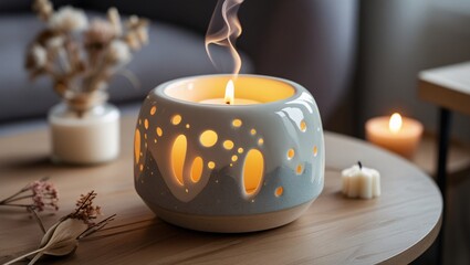 Ceramic Wax Warmer with Tealight in Cozy Living Room
