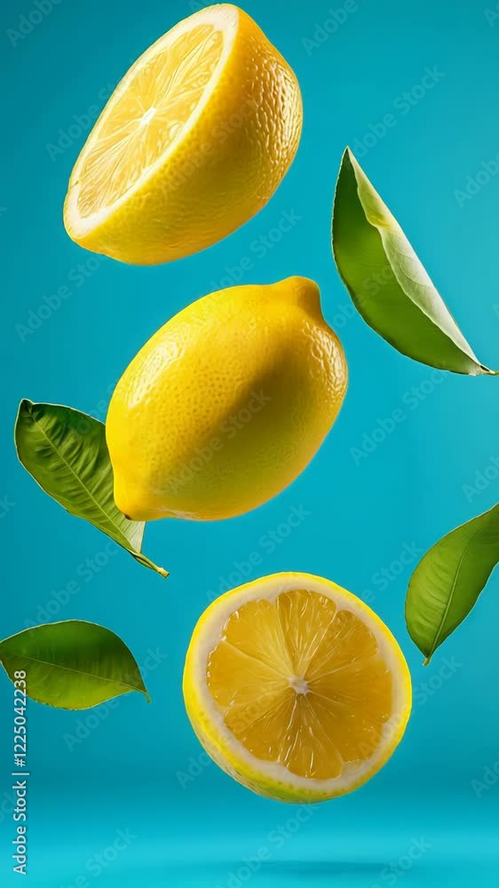 Poster whole lemon, a half lemon, and a lemon slice are levitating on a vibrant blue background, accompanie