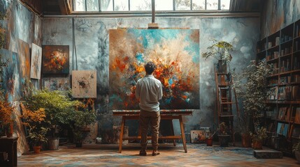Artist painting large abstract canvas in studio