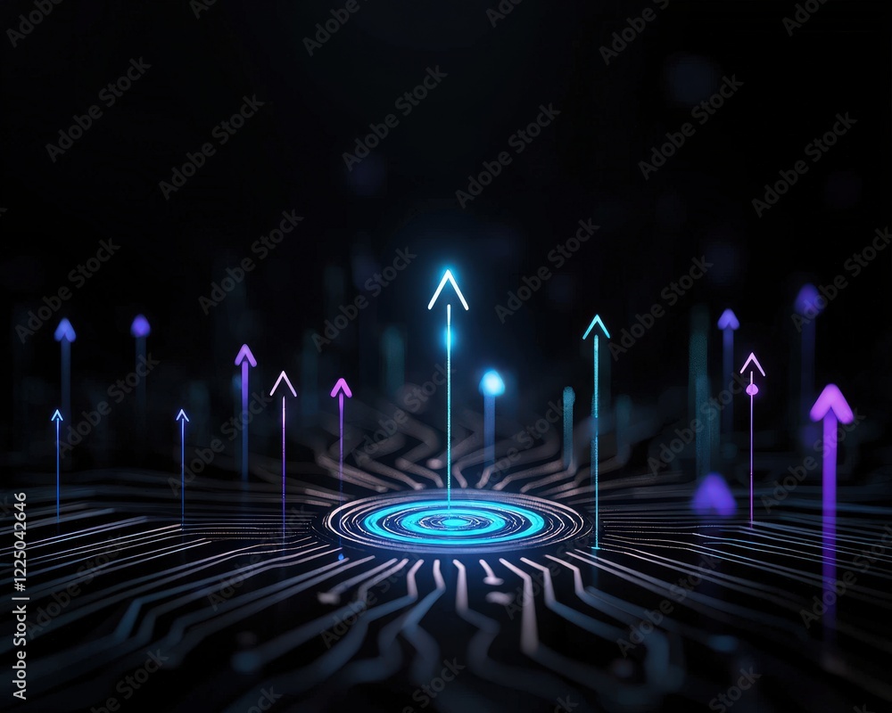 Poster a glowing upward arrow splitting into multiple paths leading to a bullseye