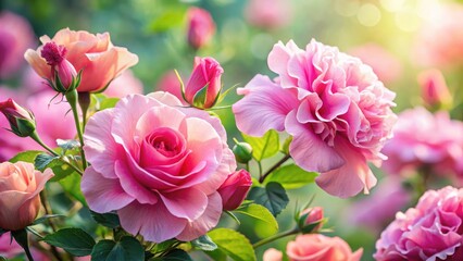 Fototapeta premium Beautiful Pink Roses in Full Bloom, hibiscus, pink, hibiscus, pink, blossom, nature, macro, flowers, peony, vibrant