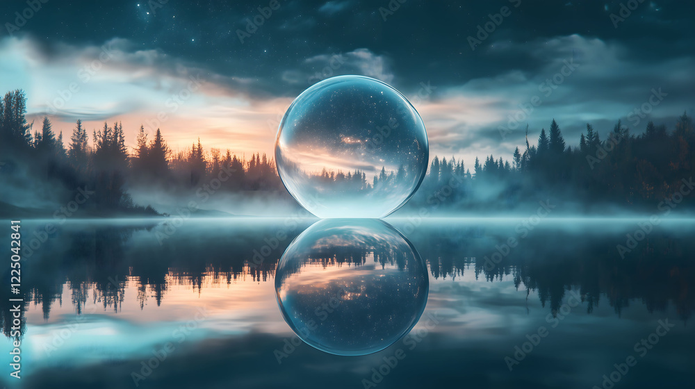 Poster enchanting orb reflecting on serene lake at twilight with mist and forest backdrop