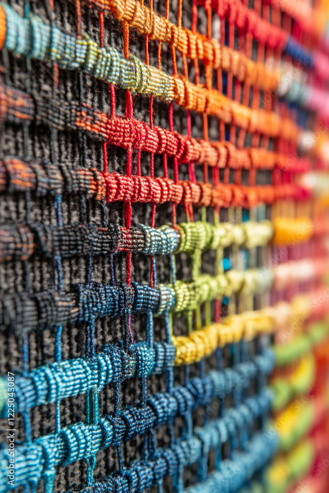 Poster close-up of colorful woven fabric with intricate patterns and textures, showcasing the art of weavin
