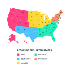 Regions of the United States of America, political map. The five regions, South, West Coast, Midwest, Southwest, Alaska and Hawaii.