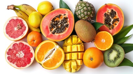 Top view composition made of tropical fruits including mango, grapefruit, oranges, kiwis, papaya on white background