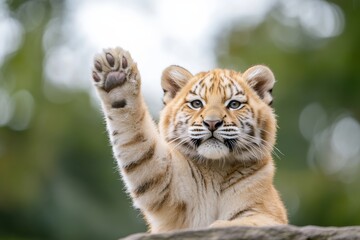 Adorable Tiger Cub Playfully Raises Paw, Captivating Portrait of Wild Beauty in Natural Habitat