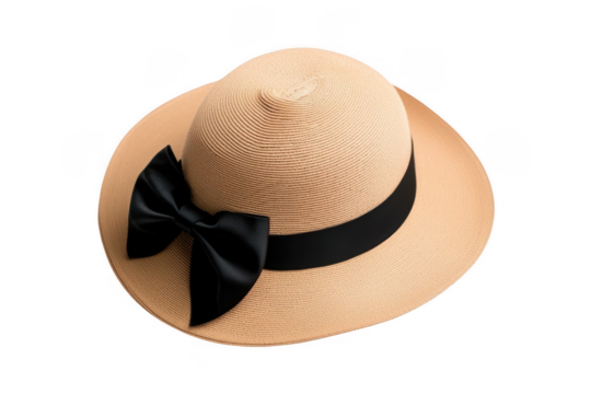 Elegant sun hat with black ribbon bow isolated on transparent background for fashion and summer styling needs