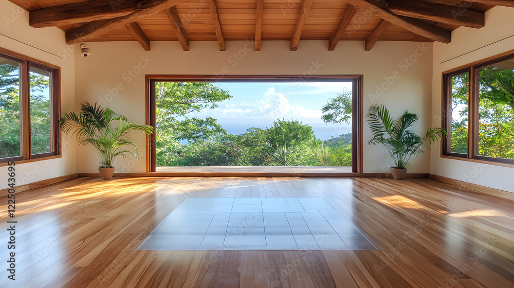 Poster a spacious room with wooden floors and large windows, offering a panoramic view of lush greenery and