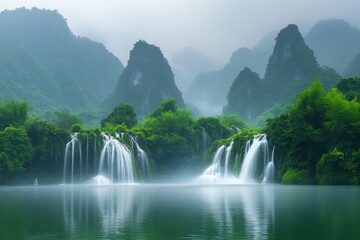 Fototapeta premium Serene waterfall cascading down lush green mountains. Perfect for travel, nature, and serenity themes.