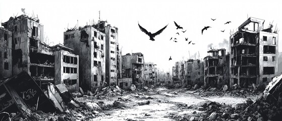 Monochrome illustration of a desolate urban landscape, ideal for creative projects and backgrounds