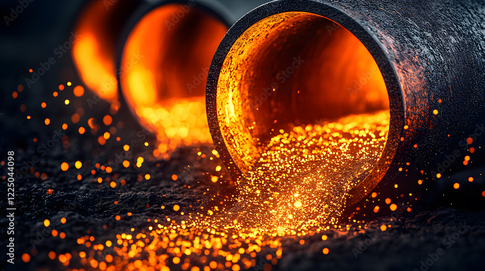 Poster Bright molten metal flows from pipes, creating a captivating display of sparks and fiery glow against a dark background