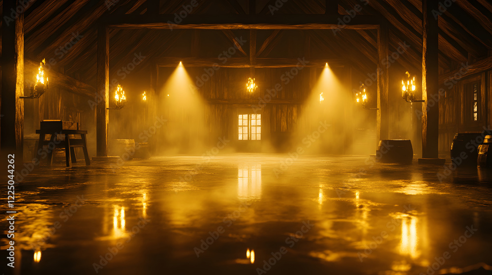 Poster an atmospheric interior with warm light, fog, and reflective surfaces, creating a mysterious and inv
