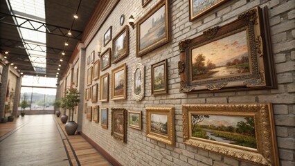 Fototapeta premium Vintage Showroom Interior: Framed Art on Brick Wall - 3D Render